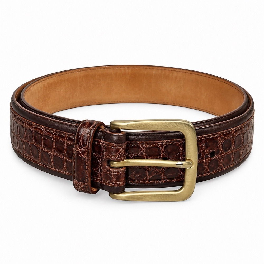 Bergdorf Goodman Genuine Crocodile Belt Mens 36 Brown Solid Brass Italy Vintage